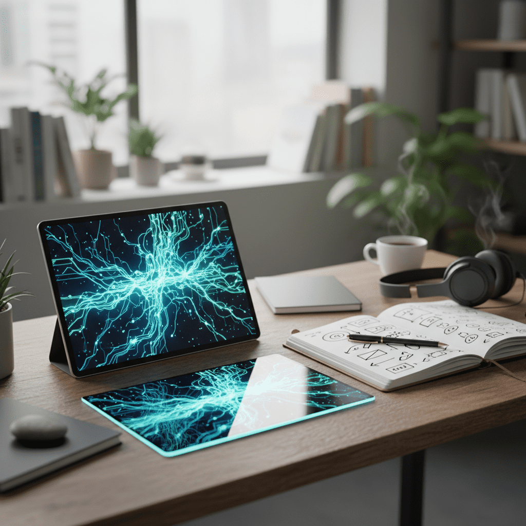 table with tablet and notebook with pen