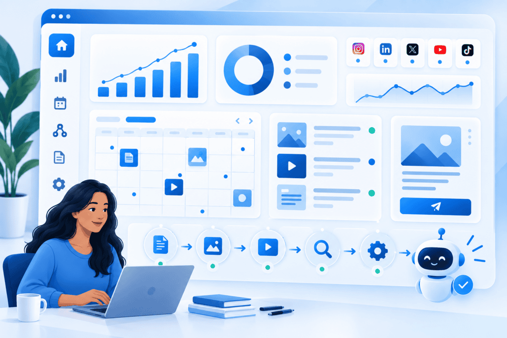 AI content system dashboard showing content operations and publishing metrics